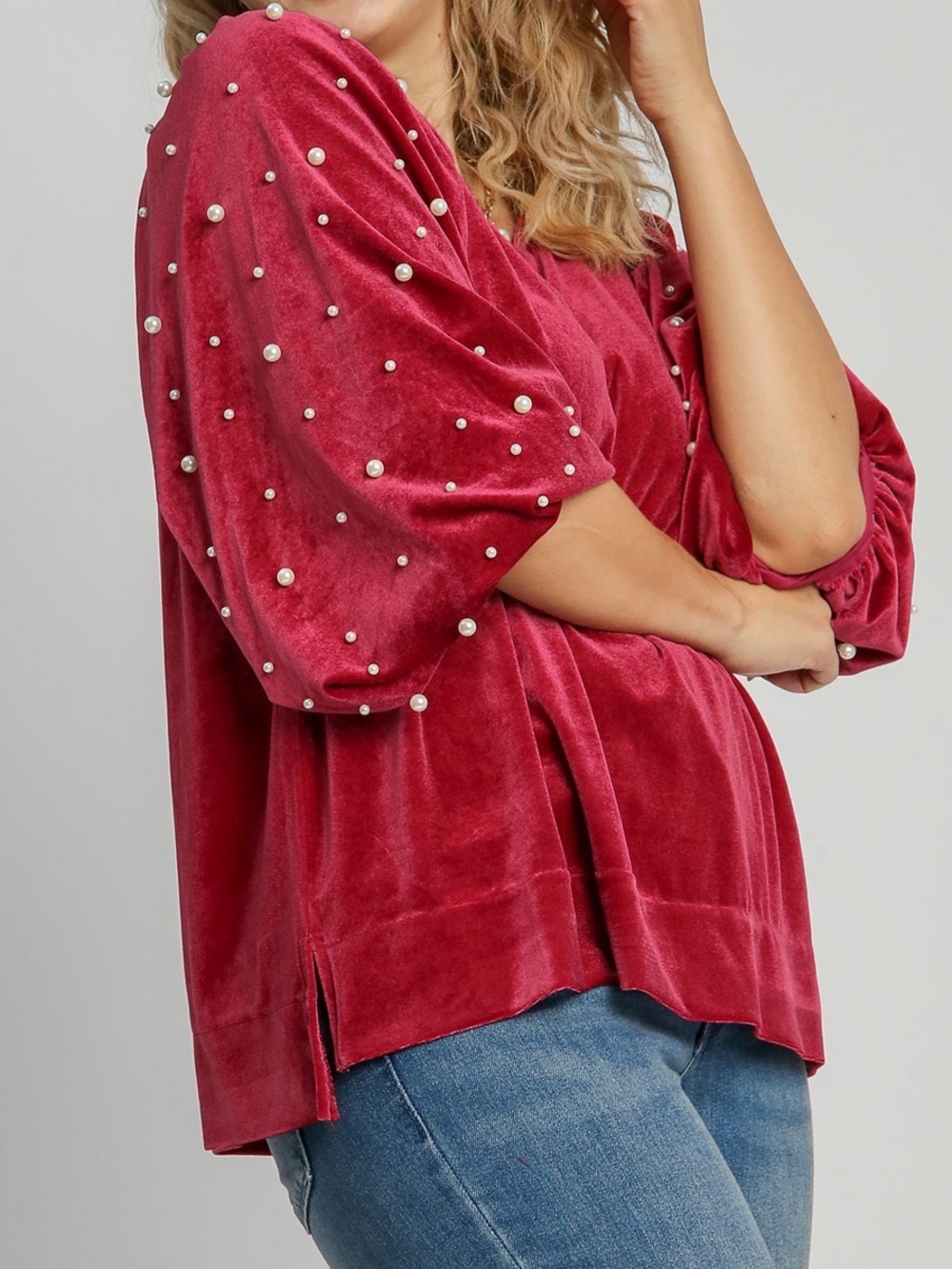 Umgee Plus Berry Velvet Pearl-Embellished Puff Sleeve Top NWT Size 1XL